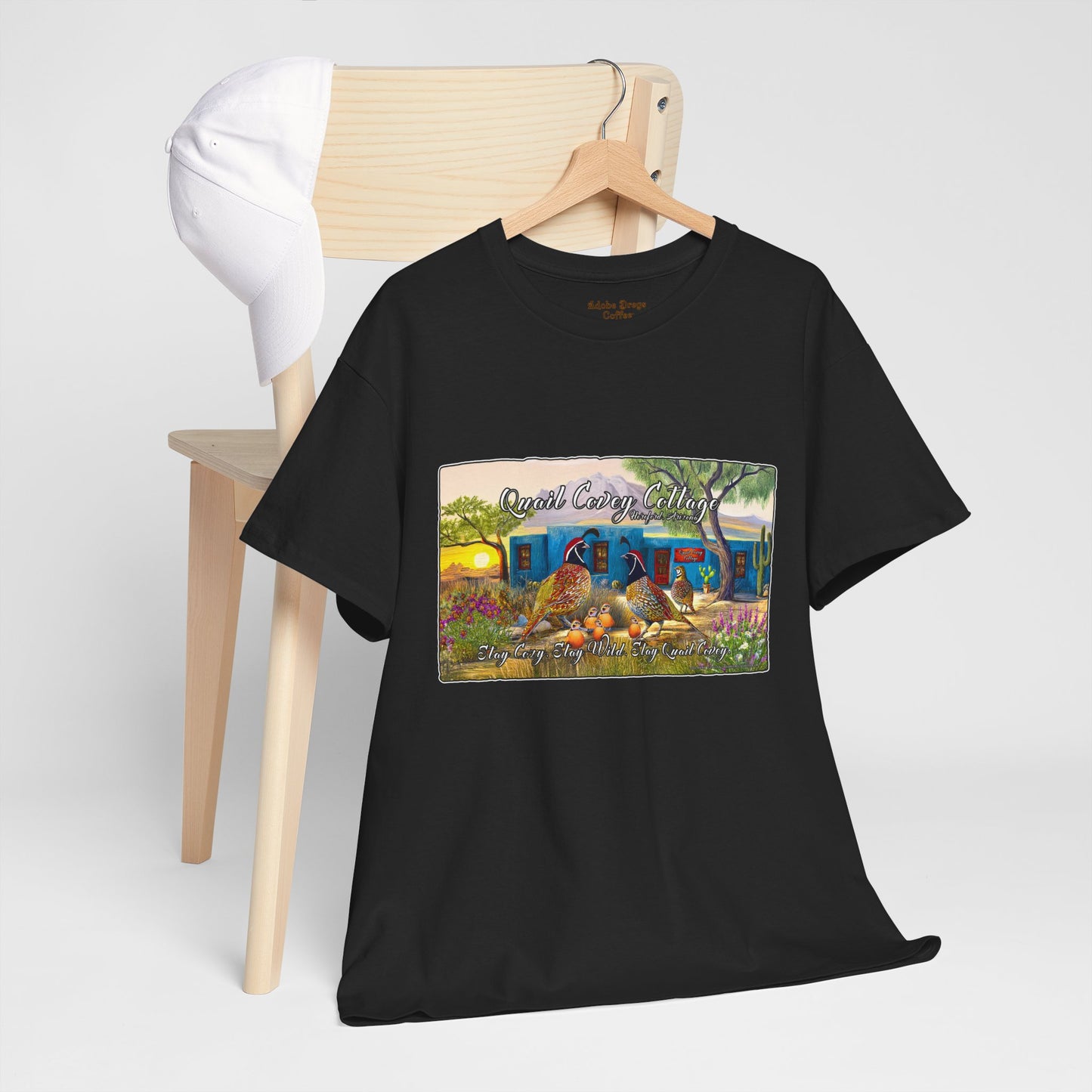 "Quail Covey Cottage" Nature-Inspired Unisex Heavy Cotton Tee, Casual Shirt, Graphic Tee, Eco-Friendly Fashion, Outdoor Adventure Wear