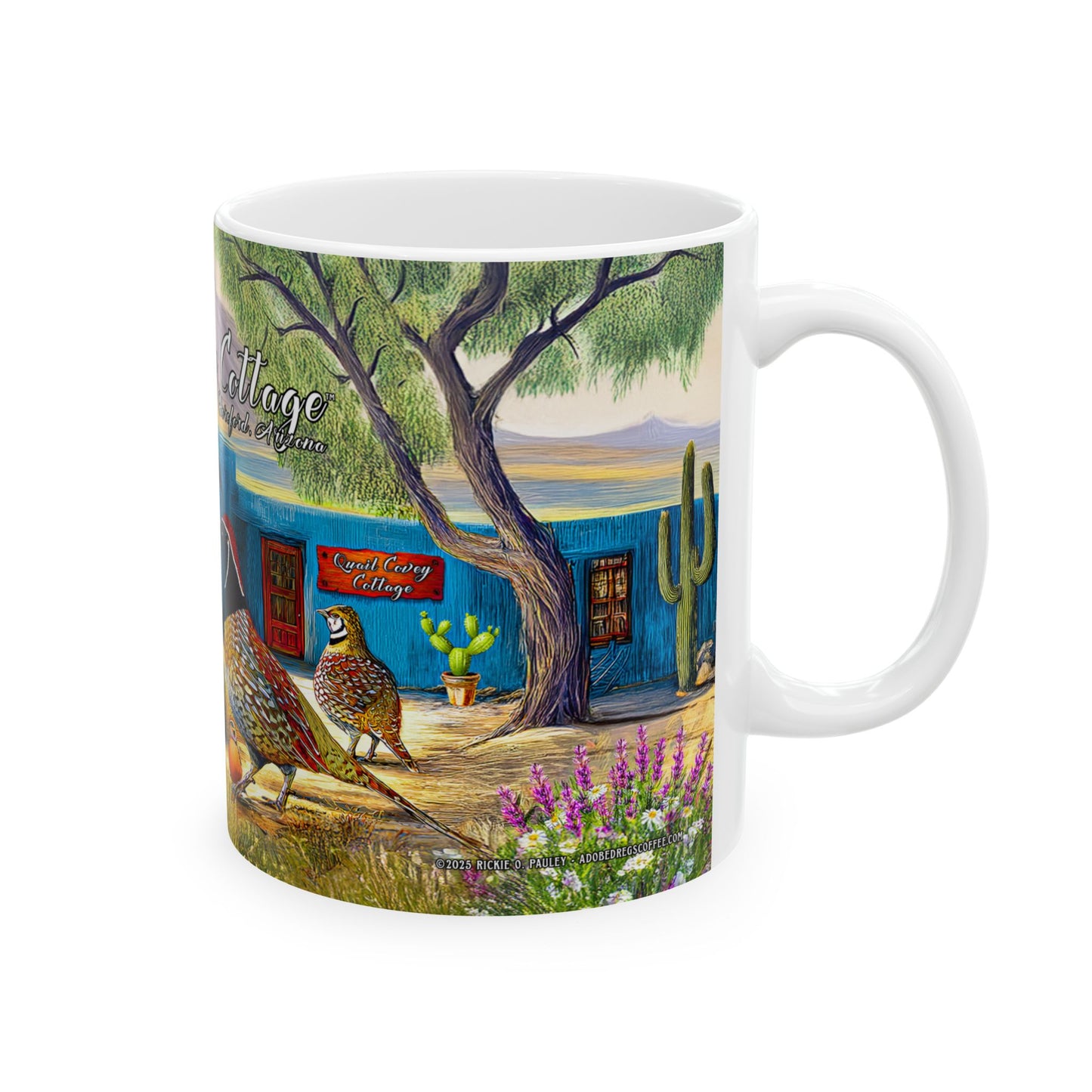 "Quail Covey Cottage" - Rustic Quail-Themed Ceramic Mug, Unique Coffee Cup, Nature Lover Gift, Desert Southwest Decor