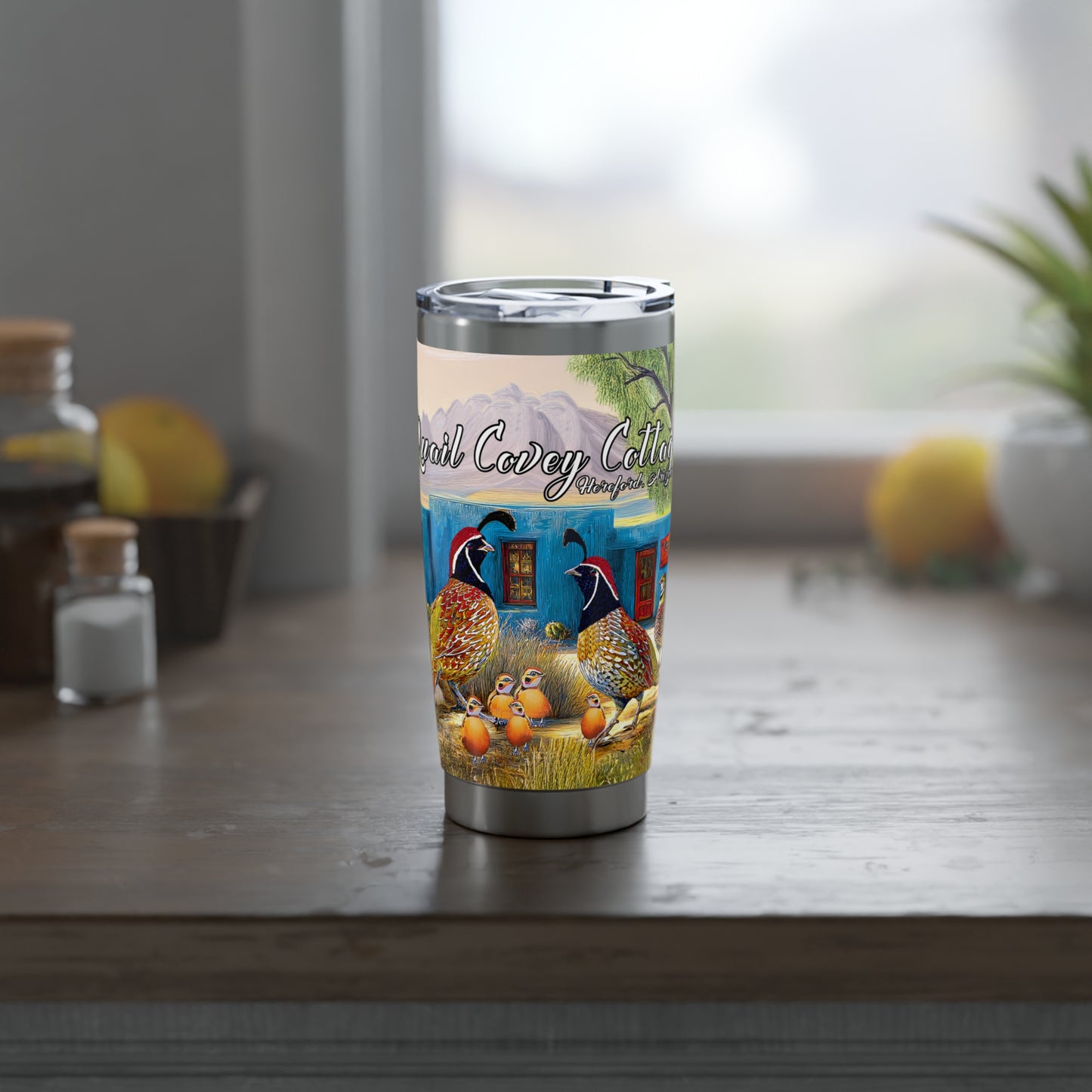 "Quail Covey Cottage" - Vagabond 20oz Tumbler - Artistic Travel Mug for Adventurers, Insulated Drinkware for Traveling, Unique Gift