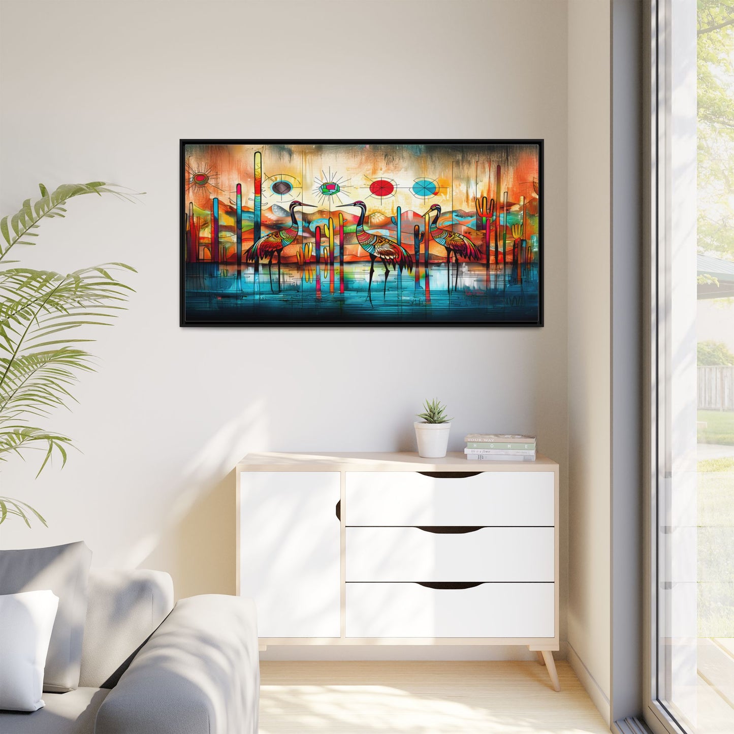 "Sandhill Craze" Vibrant & Colorful Sandhill Cranes Framed Canvas Art, Colorful Wall Decor, Unique Gift Idea, Art for Living Room and Office