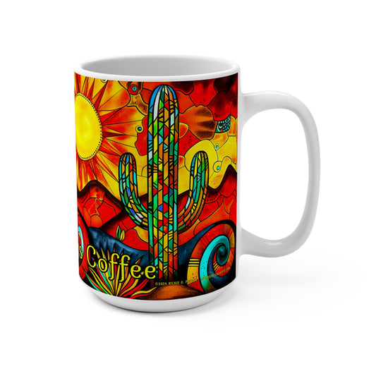 "Prism" Vibrant Southwest Sun Mug - 15oz Coffee Cup with Saguaro Cactus Design