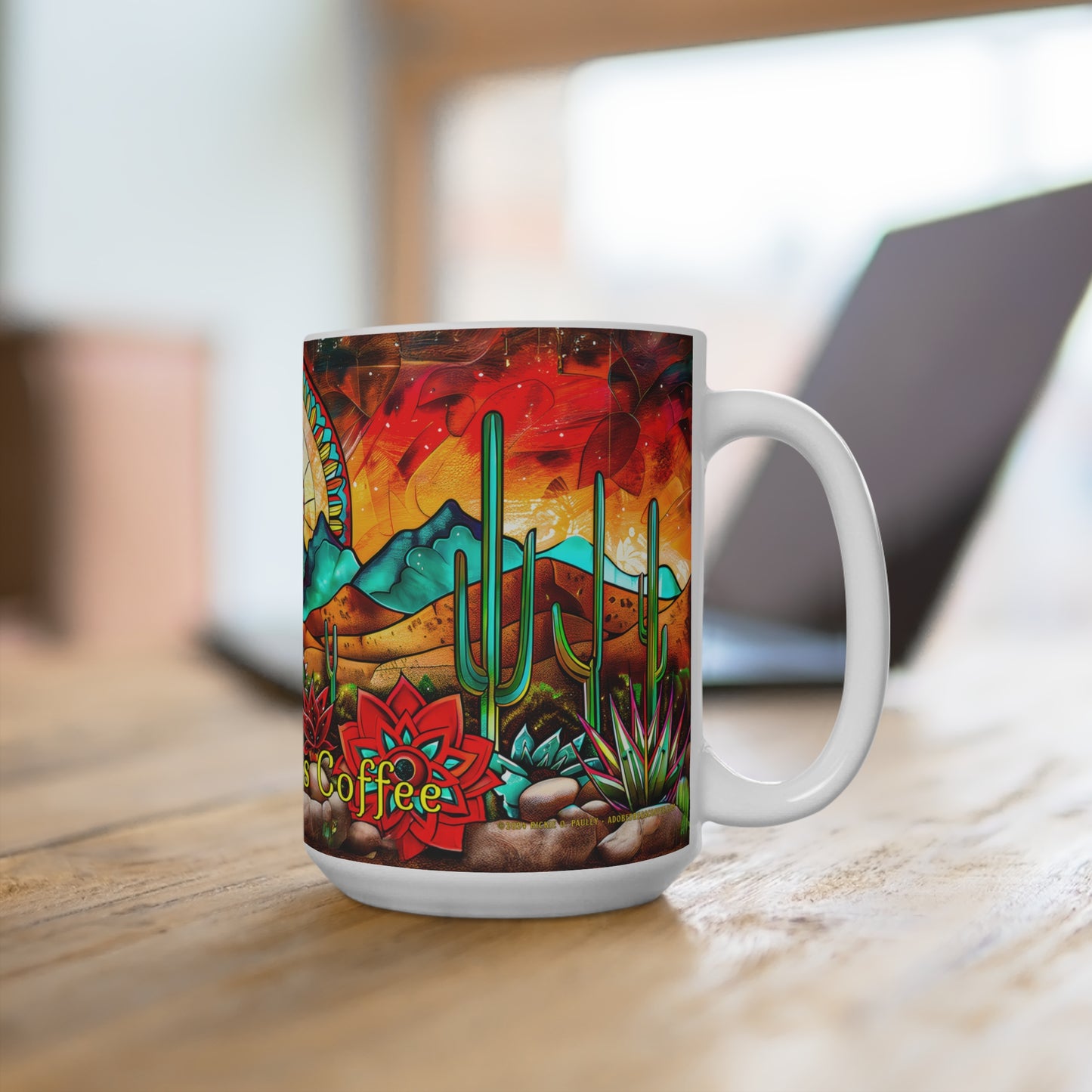 "Desert Skylight" Southwestern Sunrise Design 15oz Coffee Mug - Vibrant Cactus Art for Nature Lovers