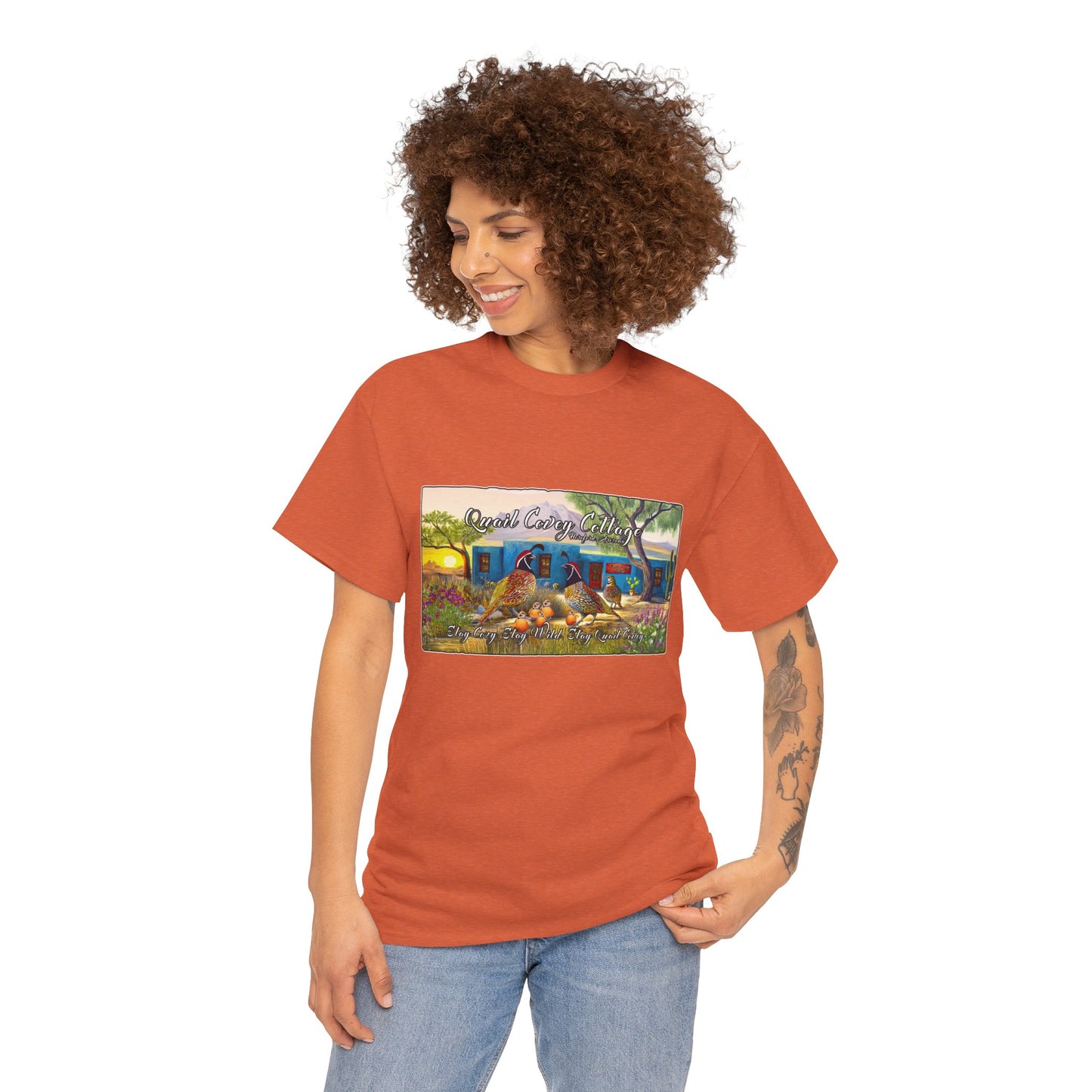 "Quail Covey Cottage" Nature-Inspired Unisex Heavy Cotton Tee, Casual Shirt, Graphic Tee, Eco-Friendly Fashion, Outdoor Adventure Wear