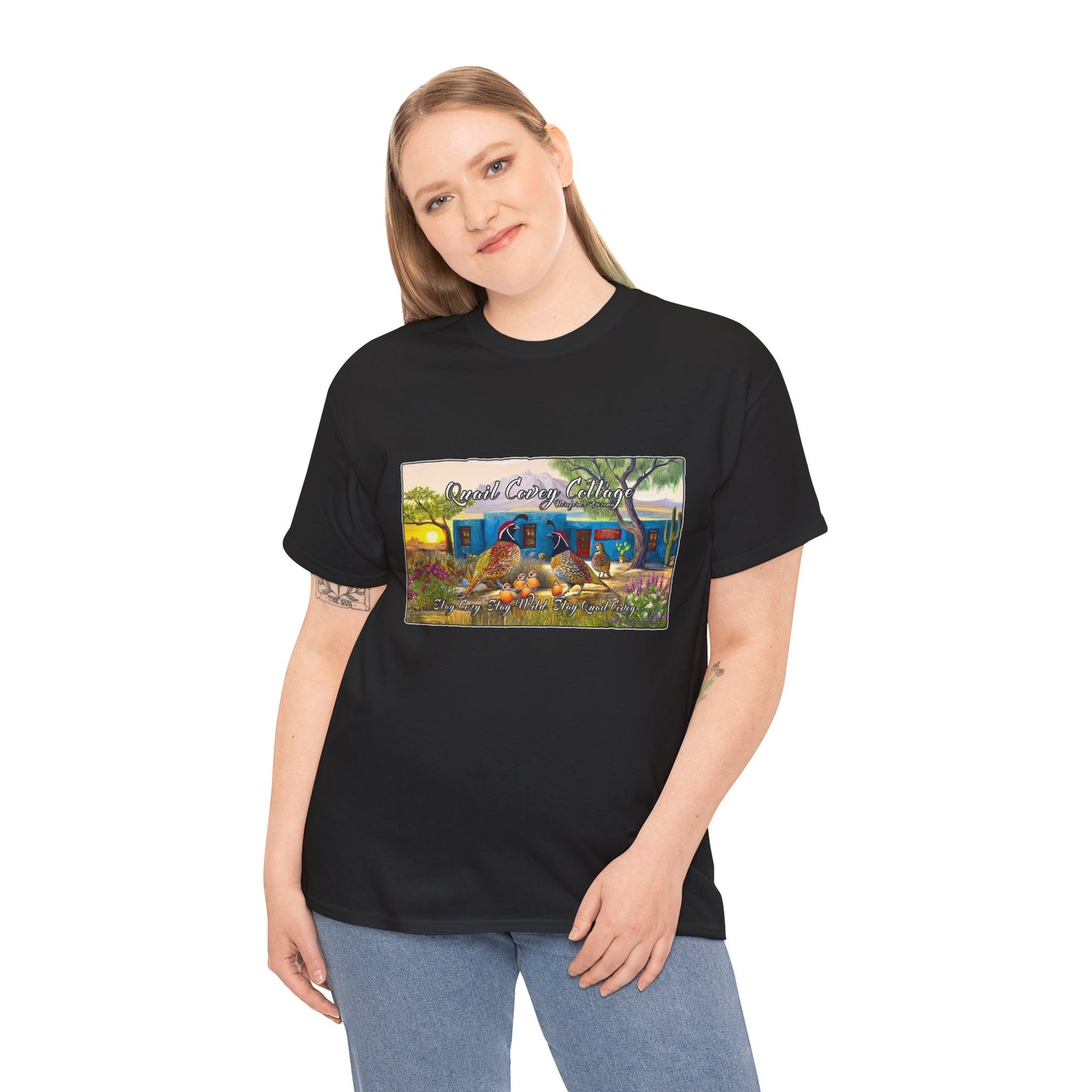"Quail Covey Cottage" Nature-Inspired Unisex Heavy Cotton Tee, Casual Shirt, Graphic Tee, Eco-Friendly Fashion, Outdoor Adventure Wear