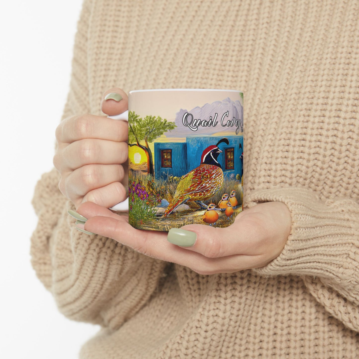 "Quail Covey Cottage" - Rustic Quail-Themed Ceramic Mug, Unique Coffee Cup, Nature Lover Gift, Desert Southwest Decor
