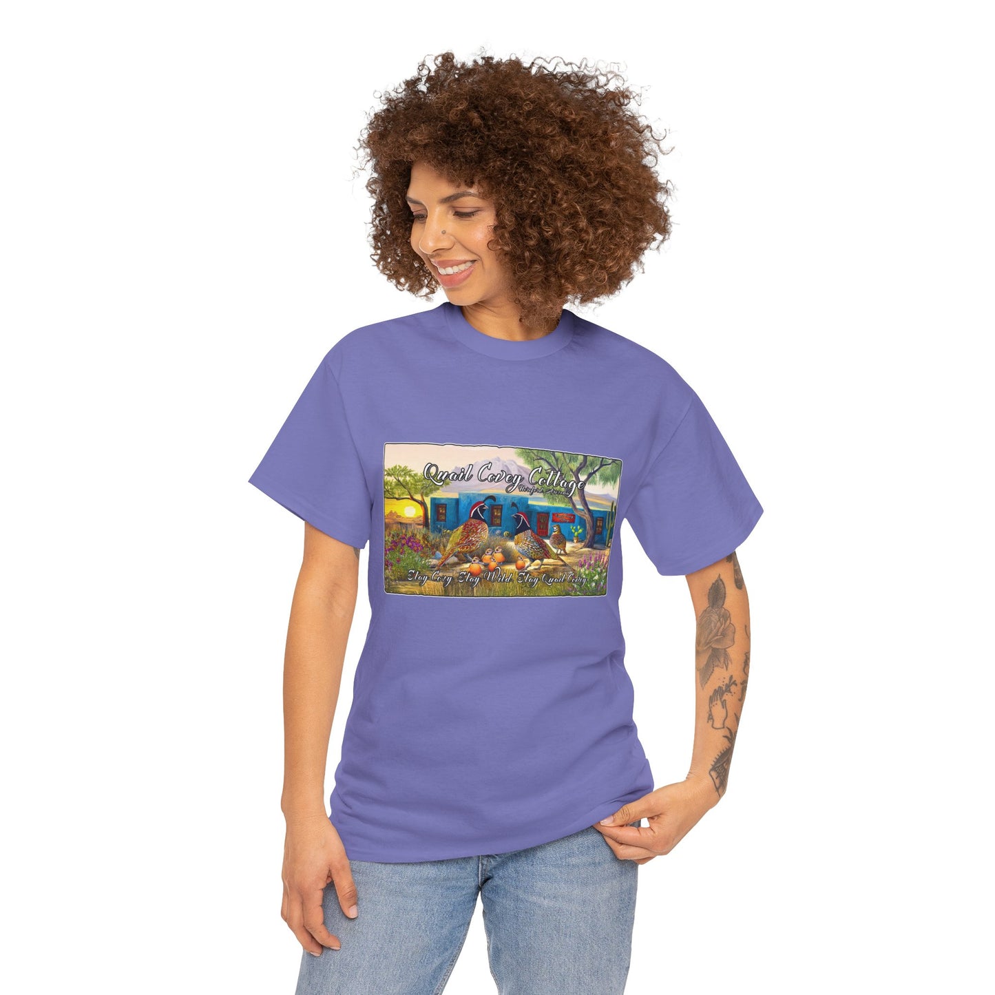 "Quail Covey Cottage" Nature-Inspired Unisex Heavy Cotton Tee, Casual Shirt, Graphic Tee, Eco-Friendly Fashion, Outdoor Adventure Wear