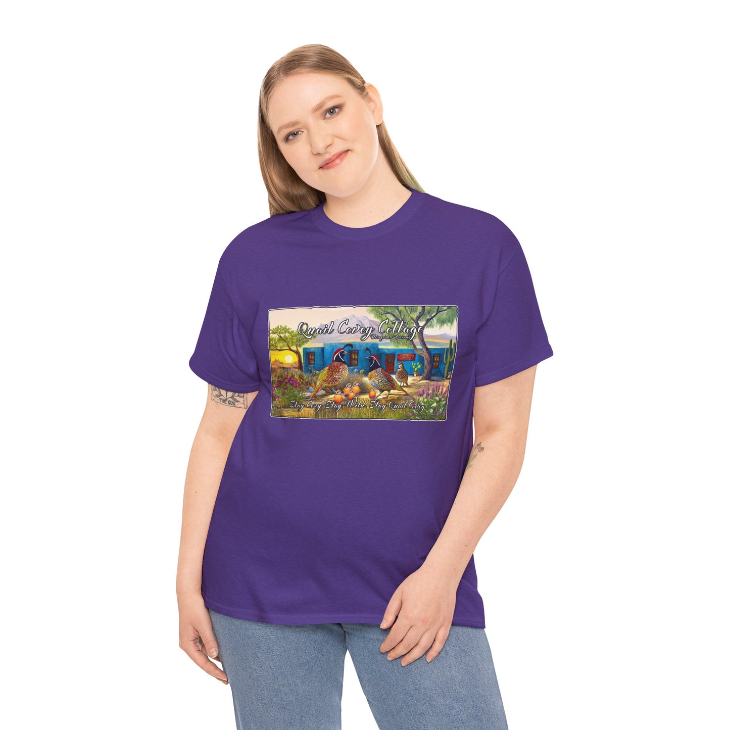 "Quail Covey Cottage" Nature-Inspired Unisex Heavy Cotton Tee, Casual Shirt, Graphic Tee, Eco-Friendly Fashion, Outdoor Adventure Wear