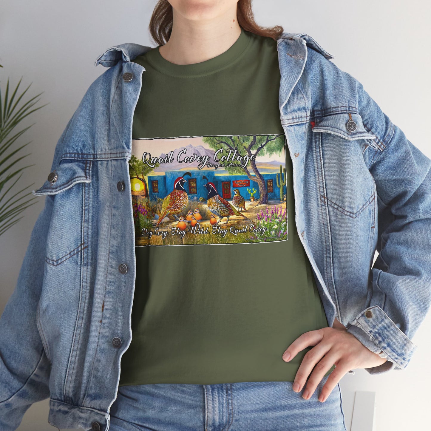 "Quail Covey Cottage" Nature-Inspired Unisex Heavy Cotton Tee, Casual Shirt, Graphic Tee, Eco-Friendly Fashion, Outdoor Adventure Wear