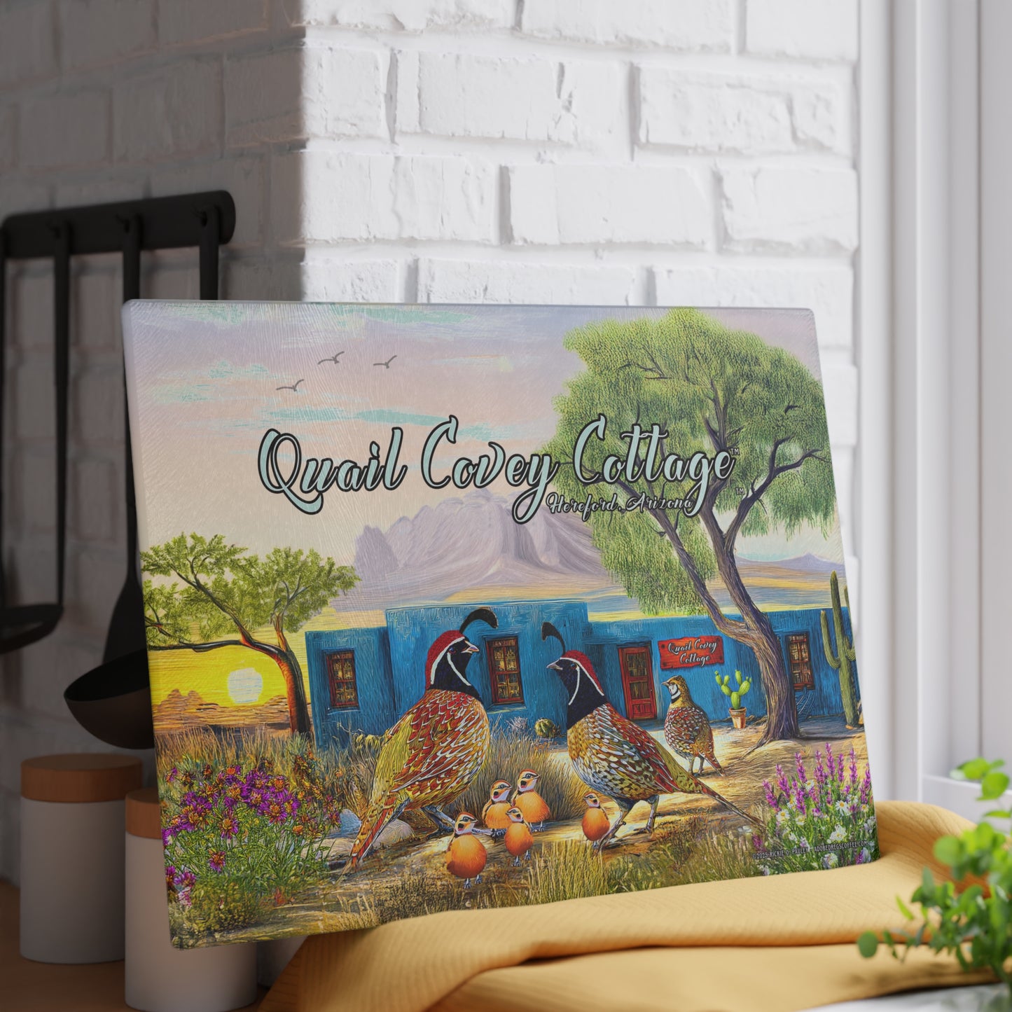 "Quail Covey Cottage" Rustic Glass Cutting Board with Quail Design, Available in 2 sizes, Kitchen Decor, Gift for Cooks, Desert Southwest Style