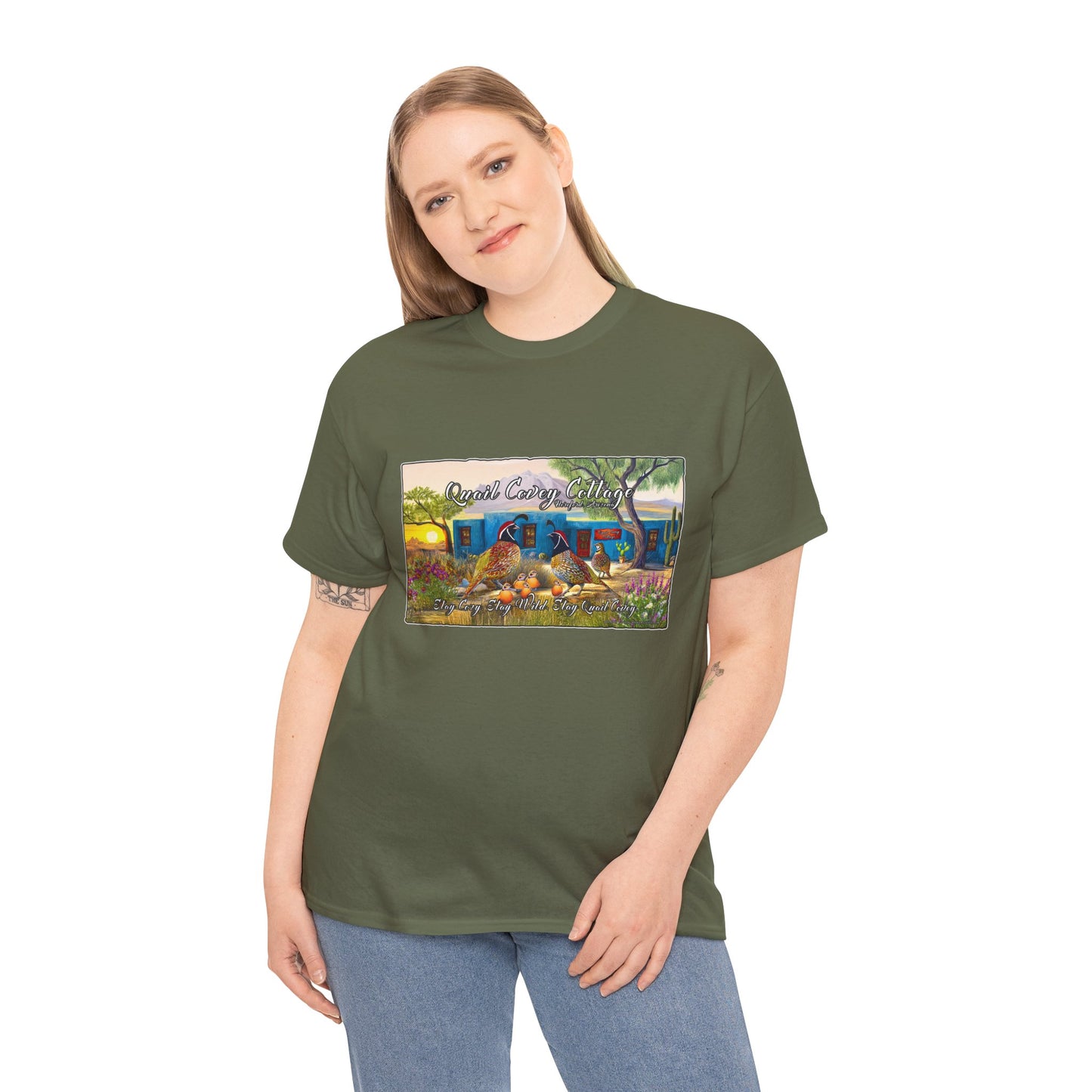 "Quail Covey Cottage" Nature-Inspired Unisex Heavy Cotton Tee, Casual Shirt, Graphic Tee, Eco-Friendly Fashion, Outdoor Adventure Wear