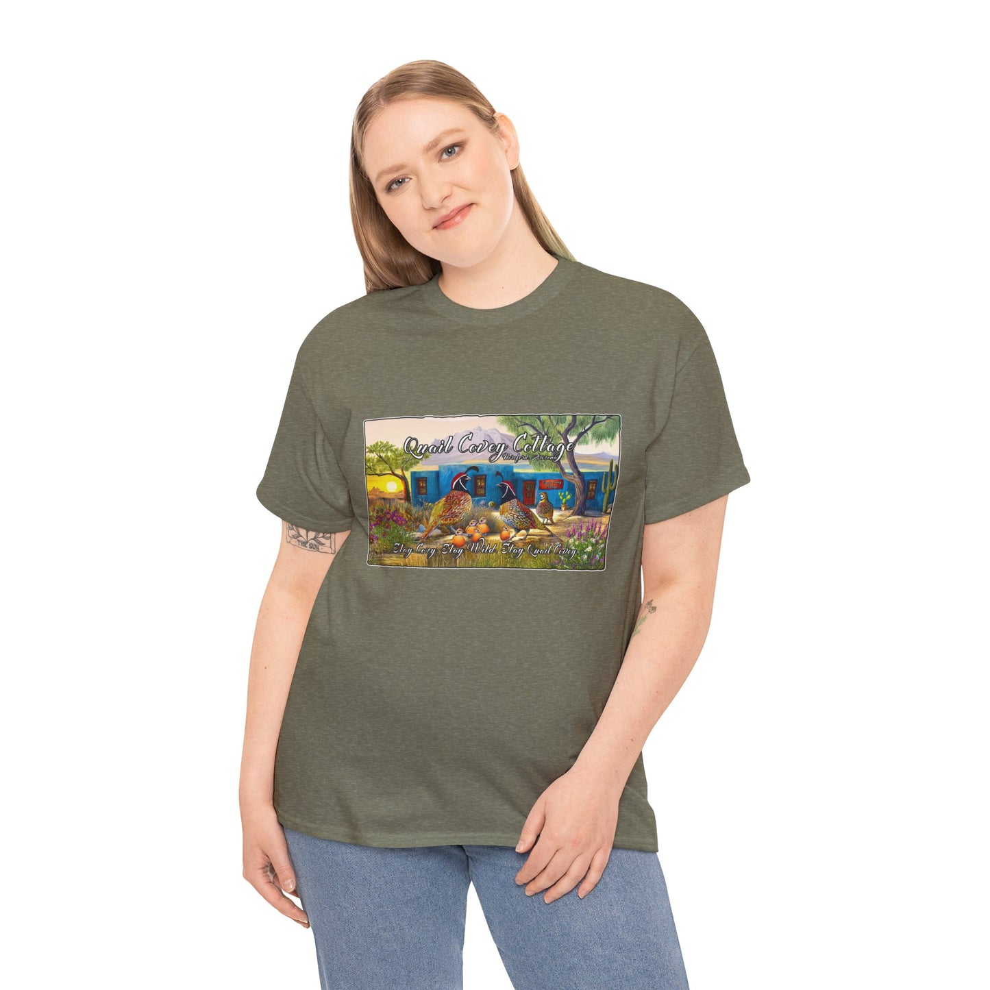 "Quail Covey Cottage" Nature-Inspired Unisex Heavy Cotton Tee, Casual Shirt, Graphic Tee, Eco-Friendly Fashion, Outdoor Adventure Wear