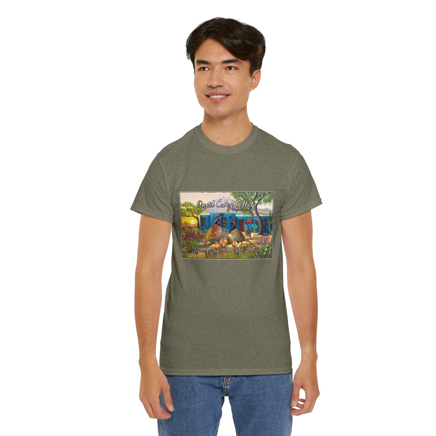 "Quail Covey Cottage" Nature-Inspired Unisex Heavy Cotton Tee, Casual Shirt, Graphic Tee, Eco-Friendly Fashion, Outdoor Adventure Wear