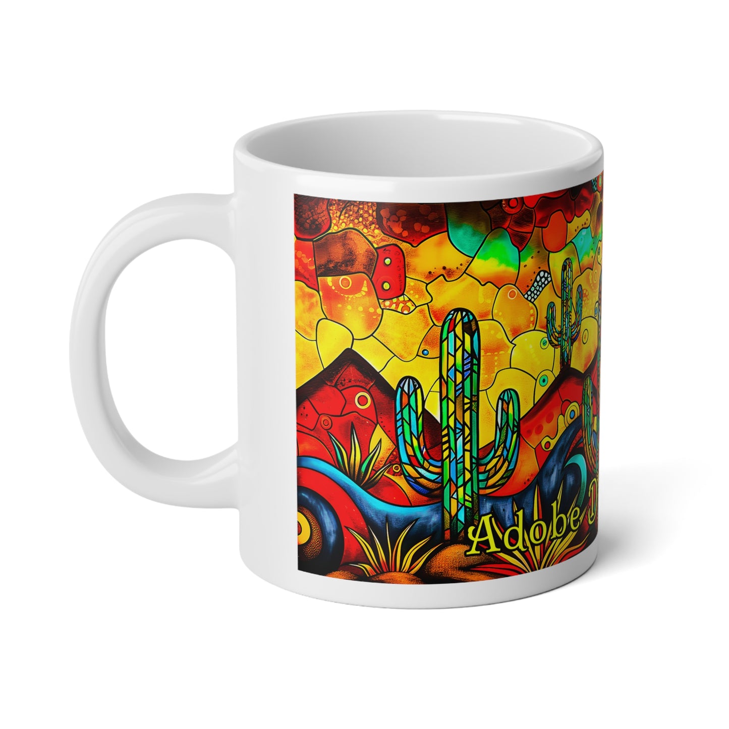 "Prism" Vibrant 20oz Jumbo Mug - Adobe Dregs Coffee Design with Saguaro Cactus and Sun