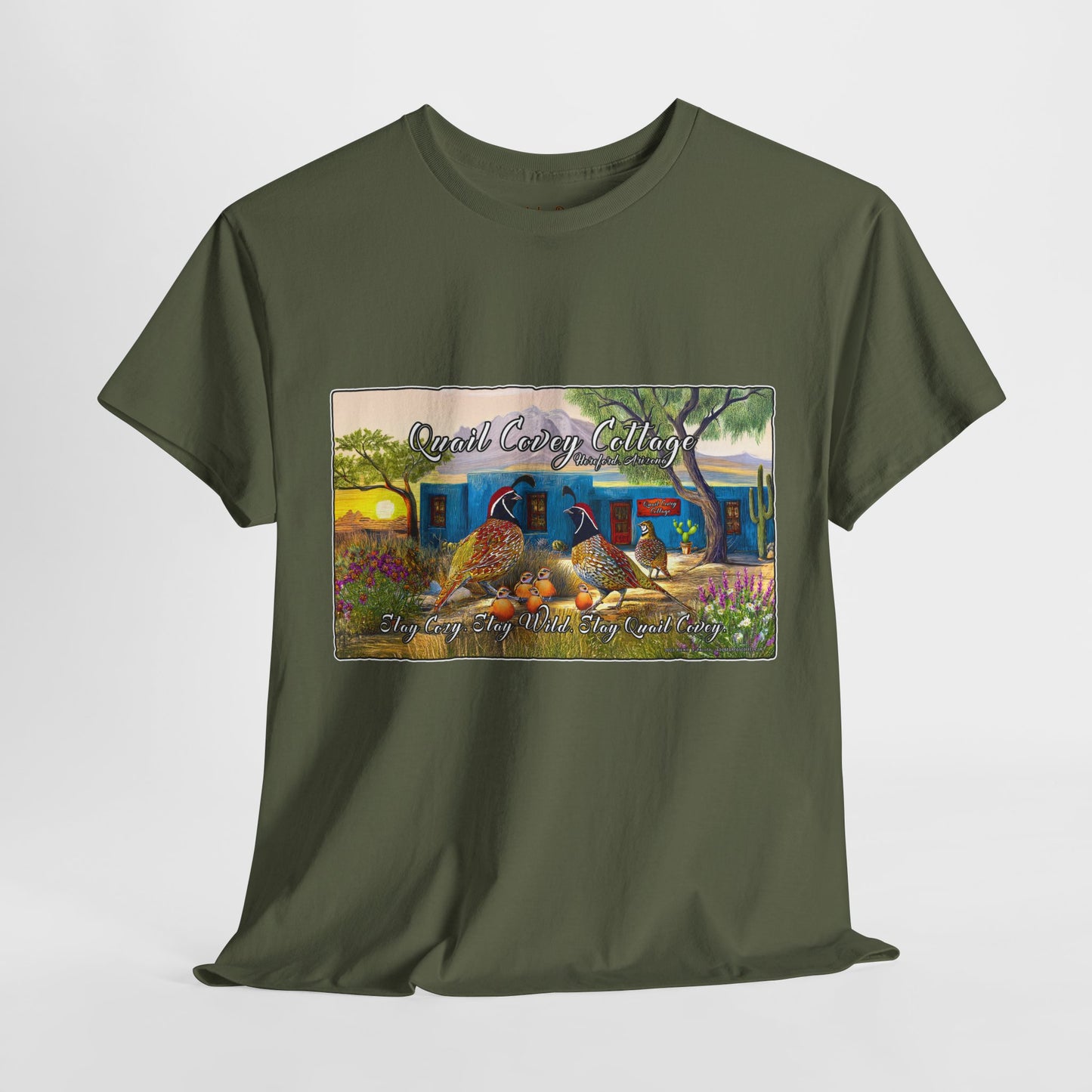 "Quail Covey Cottage" Nature-Inspired Unisex Heavy Cotton Tee, Casual Shirt, Graphic Tee, Eco-Friendly Fashion, Outdoor Adventure Wear