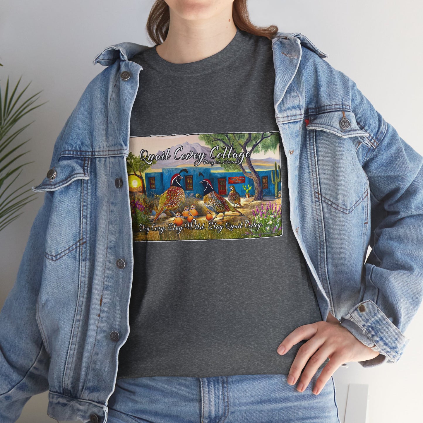 "Quail Covey Cottage" Nature-Inspired Unisex Heavy Cotton Tee, Casual Shirt, Graphic Tee, Eco-Friendly Fashion, Outdoor Adventure Wear