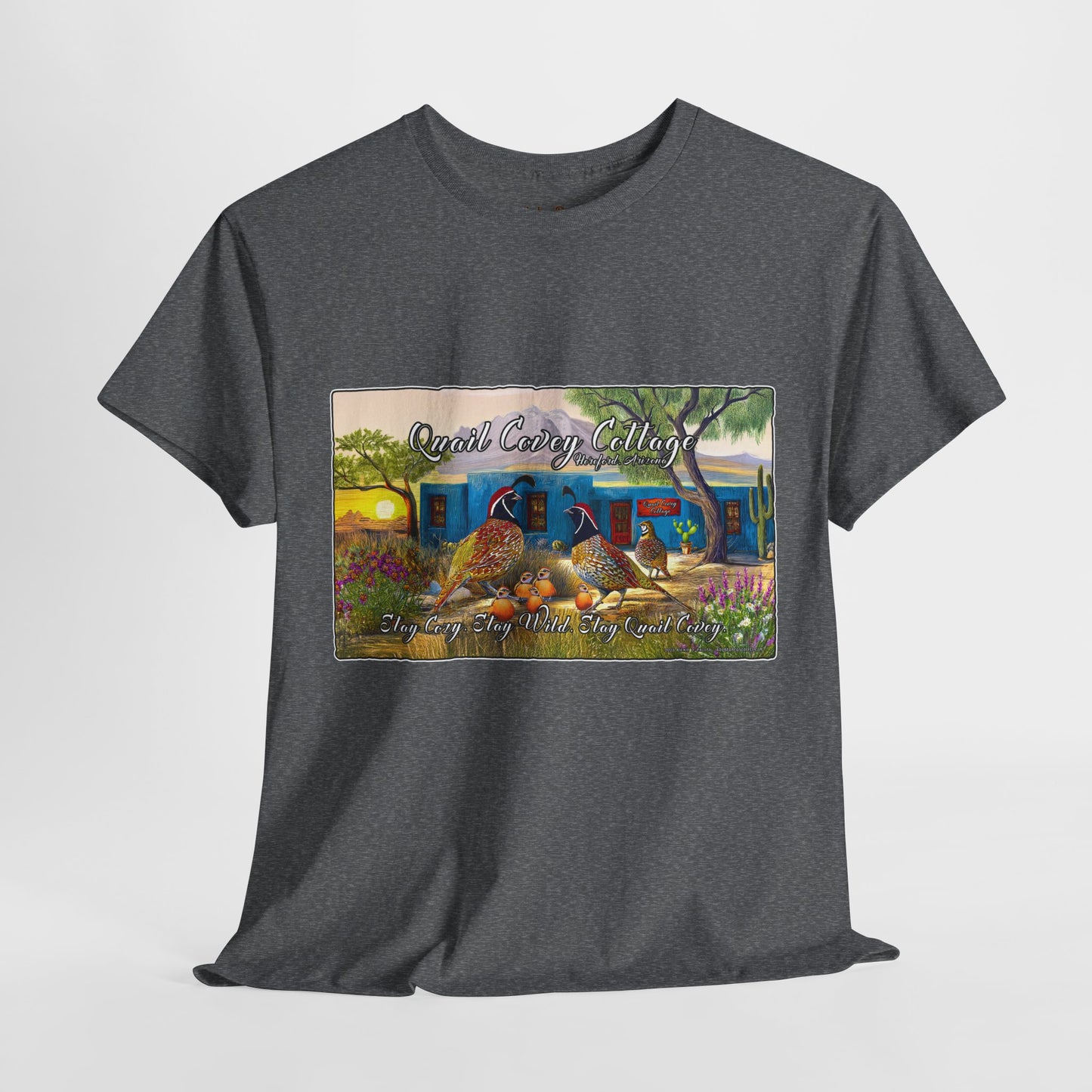 "Quail Covey Cottage" Nature-Inspired Unisex Heavy Cotton Tee, Casual Shirt, Graphic Tee, Eco-Friendly Fashion, Outdoor Adventure Wear