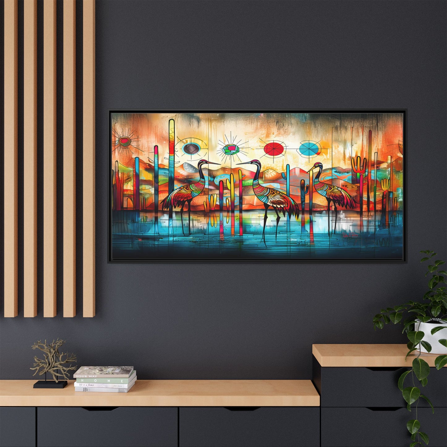 "Sandhill Craze" Vibrant & Colorful Sandhill Cranes Framed Canvas Art, Colorful Wall Decor, Unique Gift Idea, Art for Living Room and Office