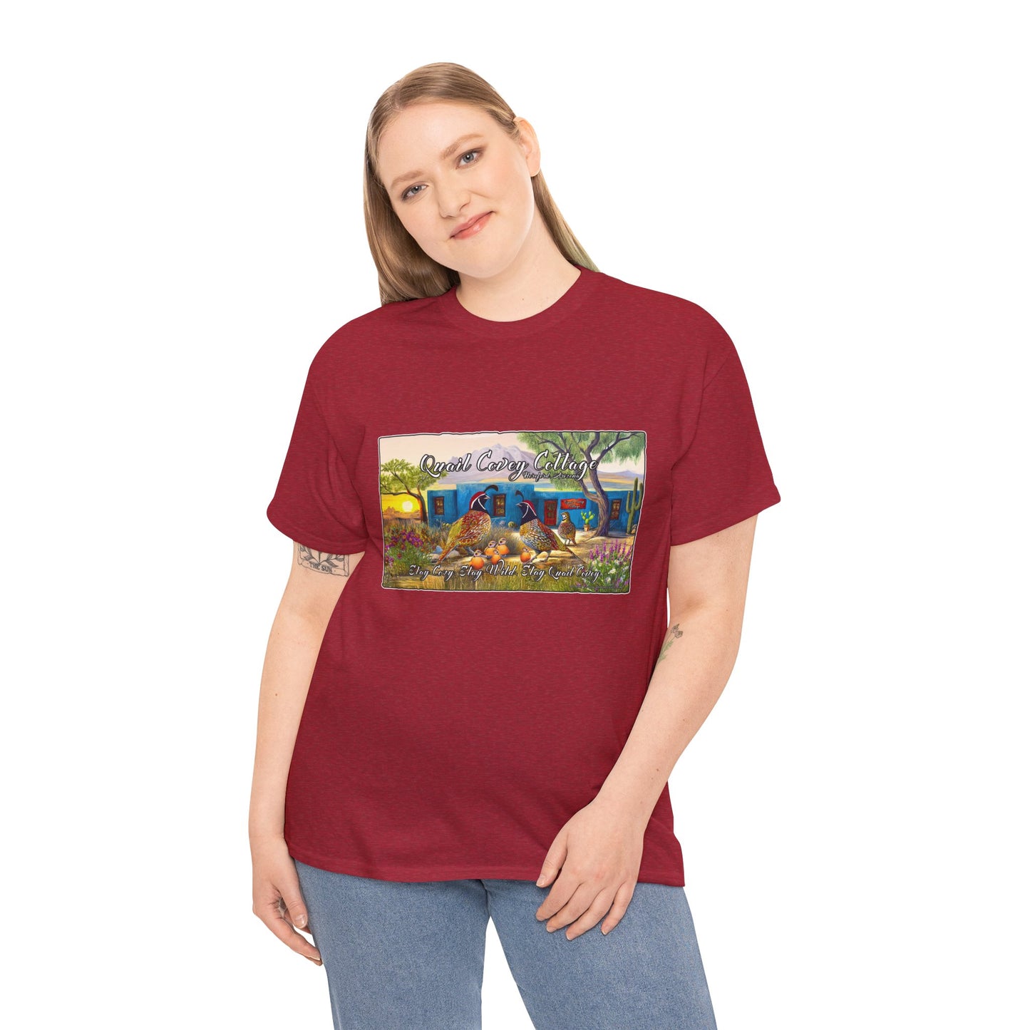 "Quail Covey Cottage" Nature-Inspired Unisex Heavy Cotton Tee, Casual Shirt, Graphic Tee, Eco-Friendly Fashion, Outdoor Adventure Wear