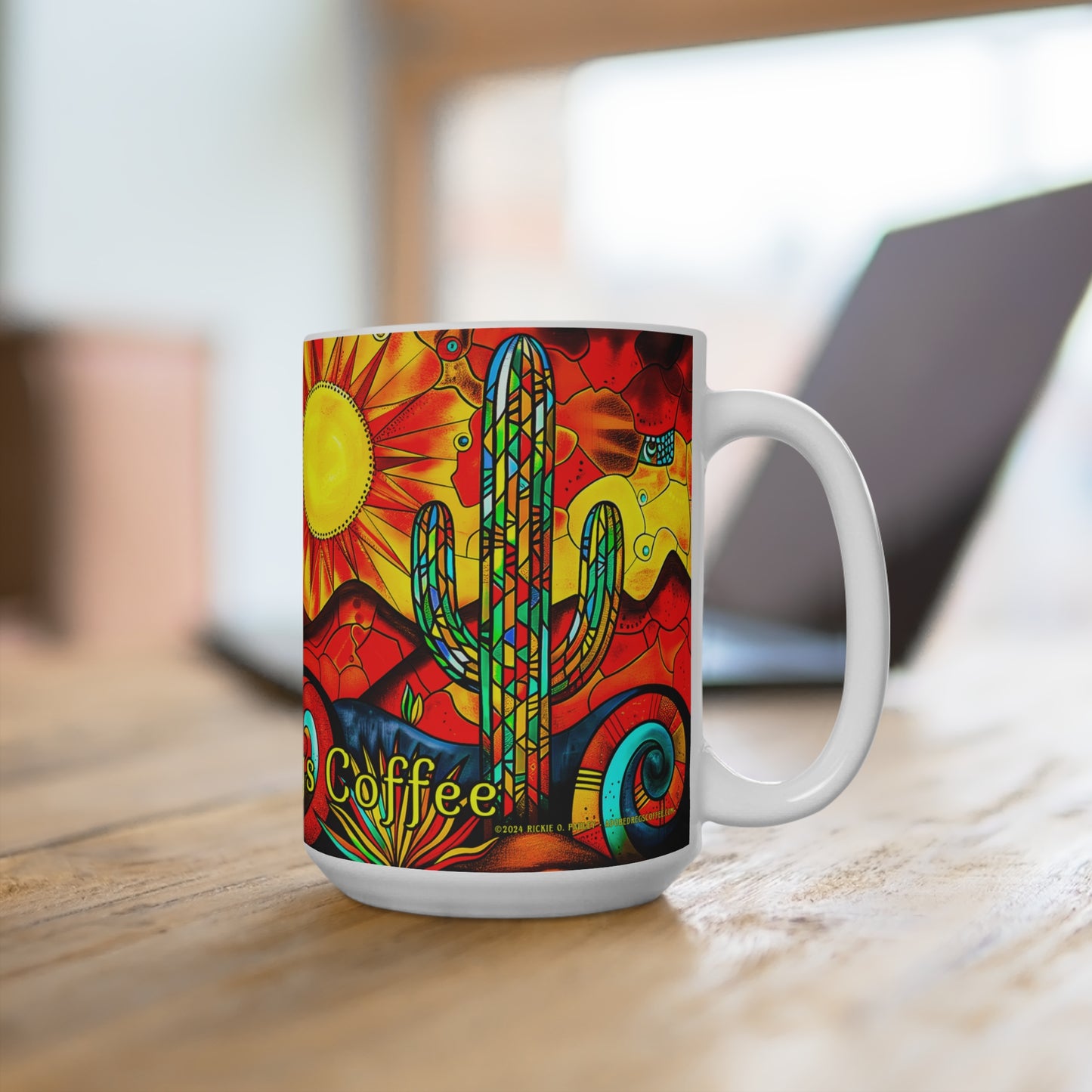 "Prism" Vibrant Southwest Sun Mug - 15oz Coffee Cup with Saguaro Cactus Design