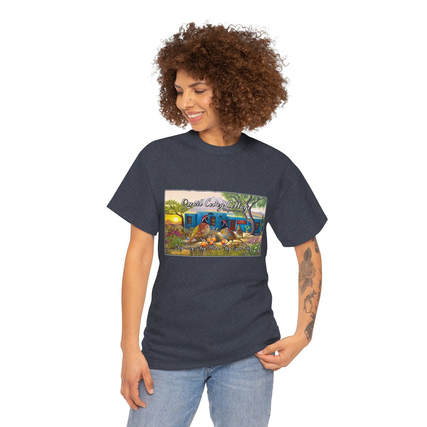 "Quail Covey Cottage" Nature-Inspired Unisex Heavy Cotton Tee, Casual Shirt, Graphic Tee, Eco-Friendly Fashion, Outdoor Adventure Wear