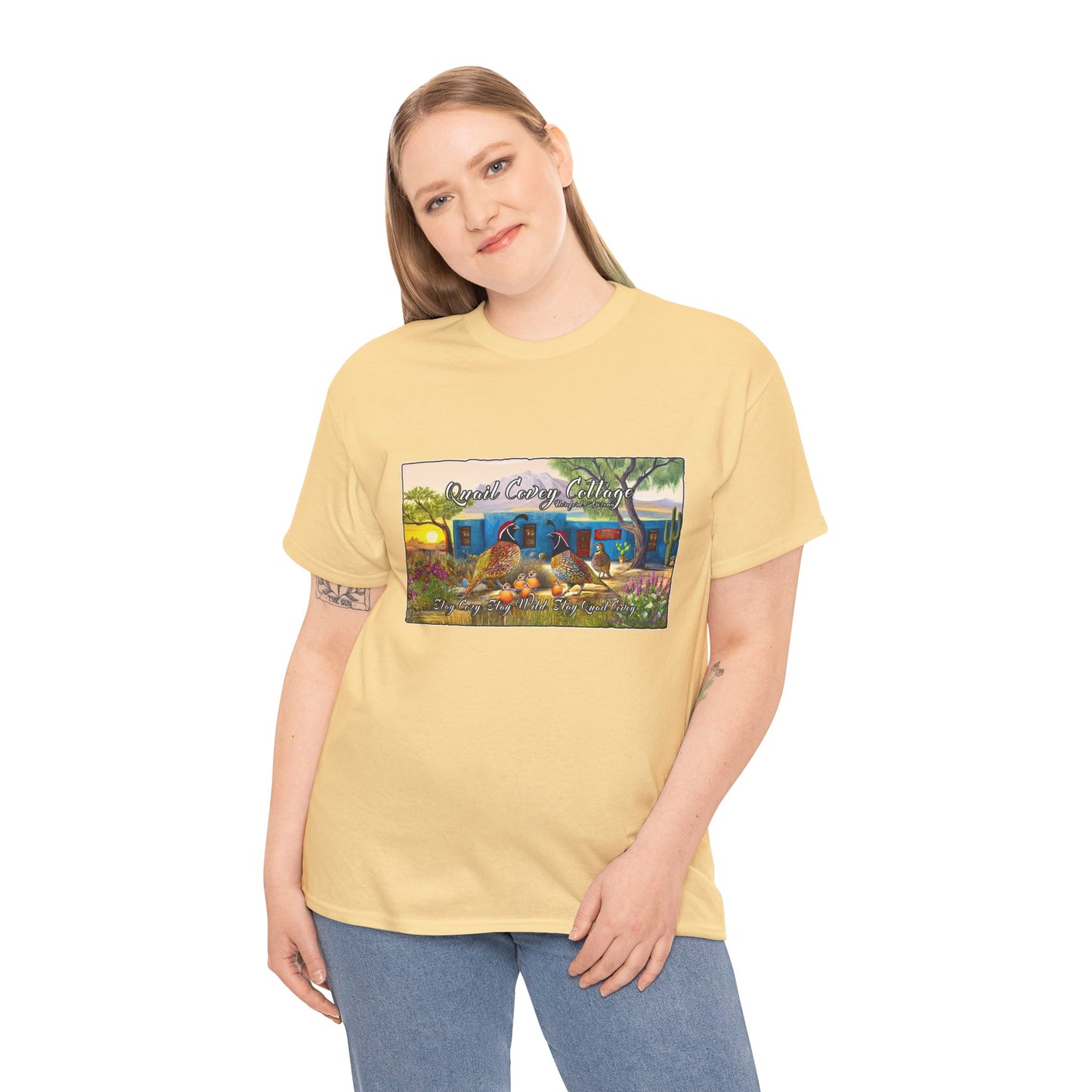 "Quail Covey Cottage" Nature-Inspired Unisex Heavy Cotton Tee, Casual Shirt, Graphic Tee, Eco-Friendly Fashion, Outdoor Adventure Wear
