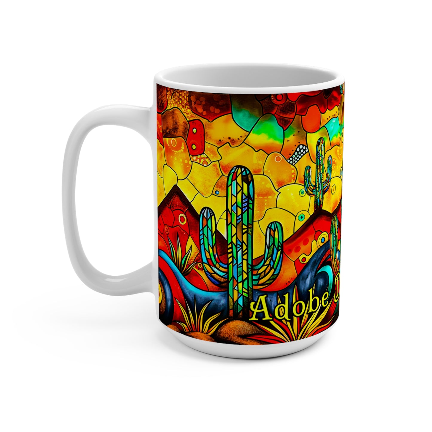 "Prism" Vibrant Southwest Sun Mug - 15oz Coffee Cup with Saguaro Cactus Design