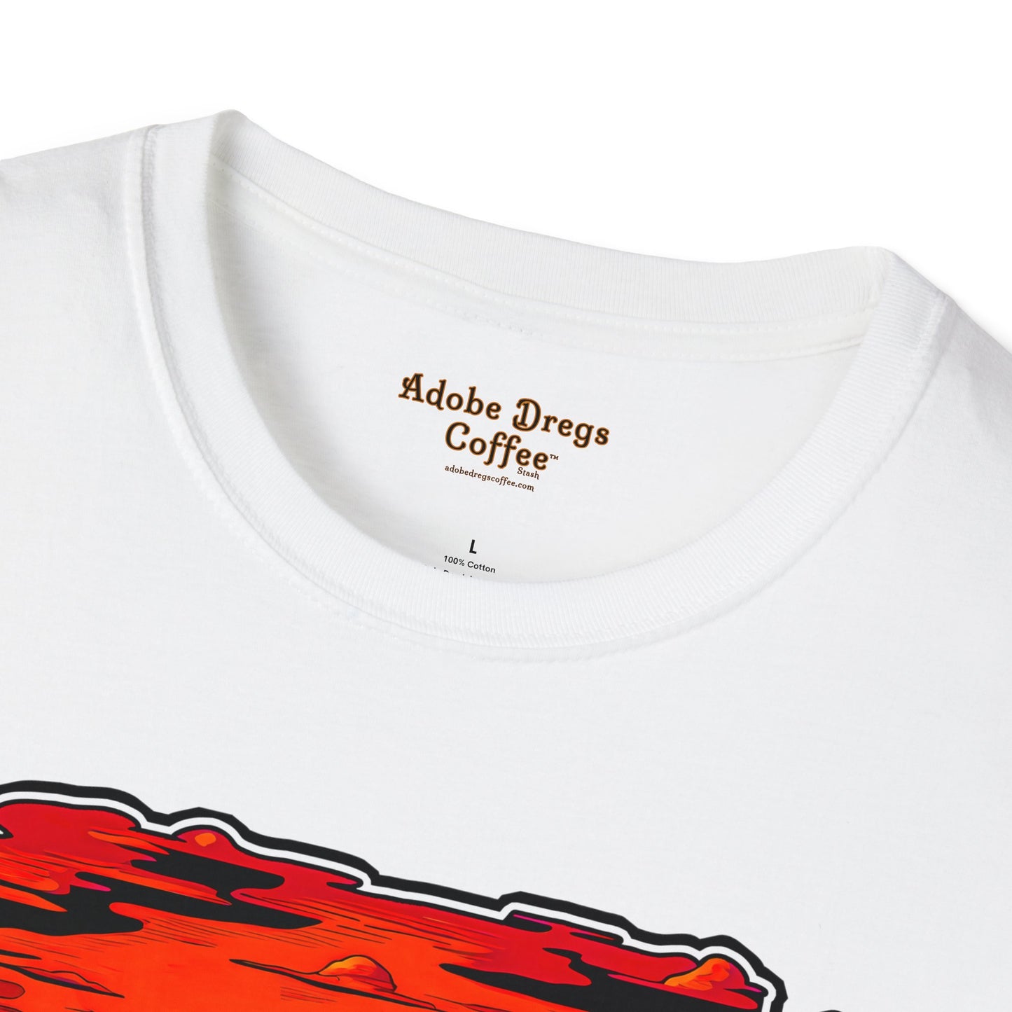 "Red Rock Road - Somewhere, Arizona" Unisex Softstyle T-Shirt from Adobe Dregs Coffee Stash™