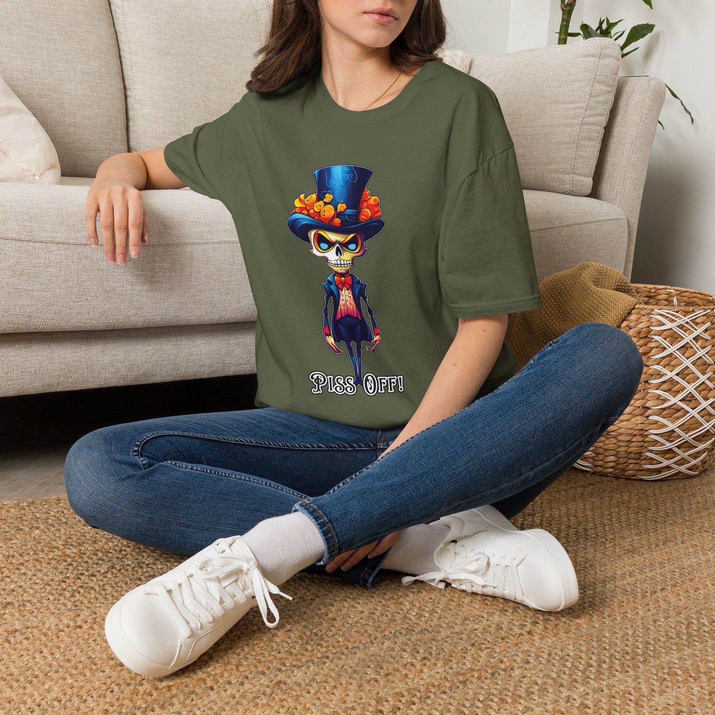 Day of the Dead Skull Top Hat T-Shirt — 'Piss Off!' Gothic Sugar Skull Tee