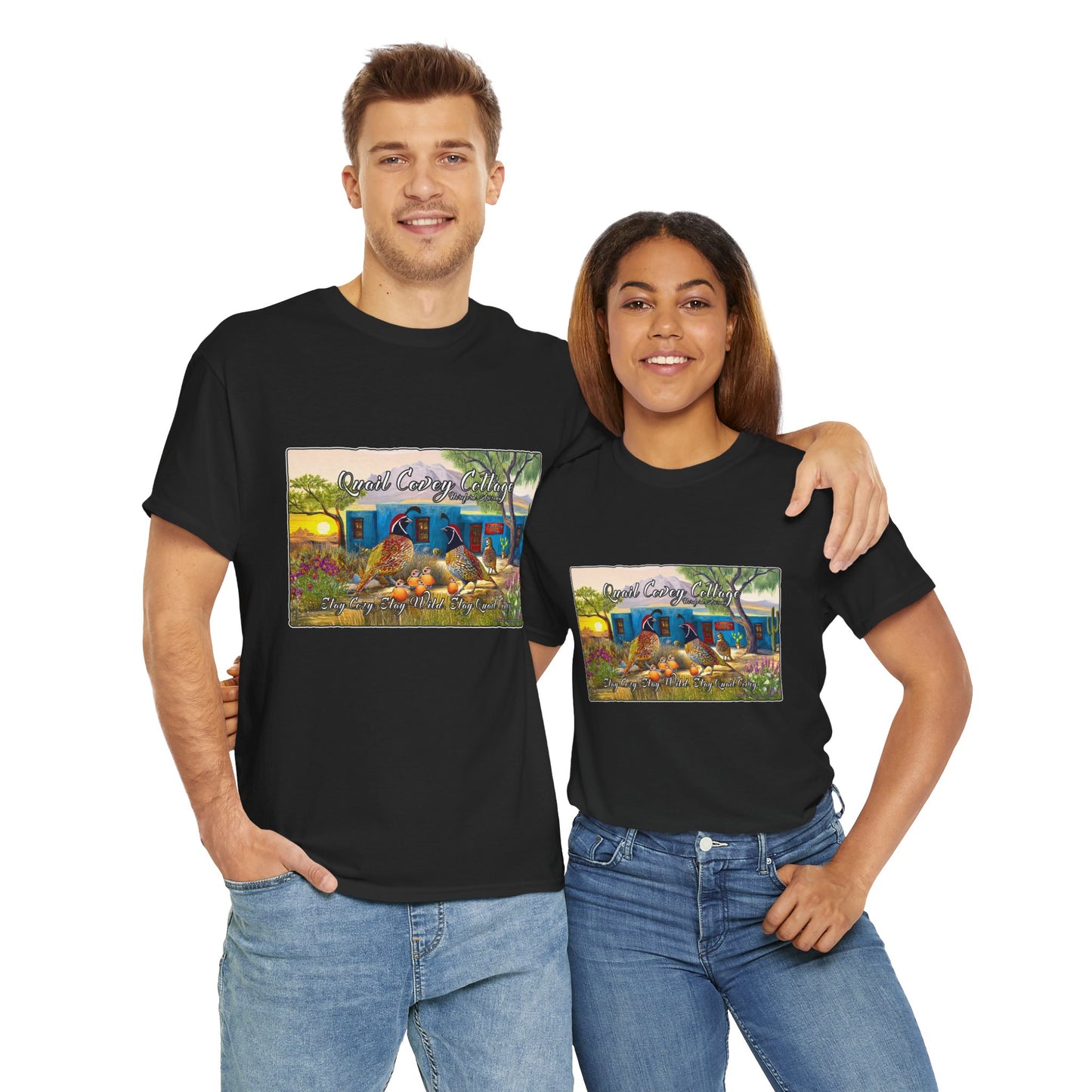 "Quail Covey Cottage" Nature-Inspired Unisex Heavy Cotton Tee, Casual Shirt, Graphic Tee, Eco-Friendly Fashion, Outdoor Adventure Wear