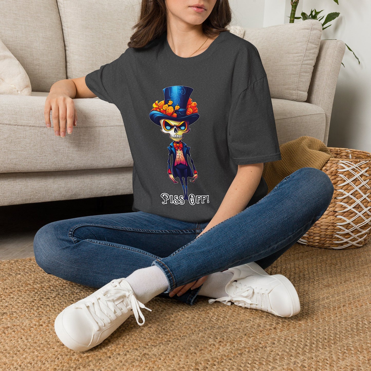 Day of the Dead Skull Top Hat T-Shirt — 'Piss Off!' Gothic Sugar Skull Tee