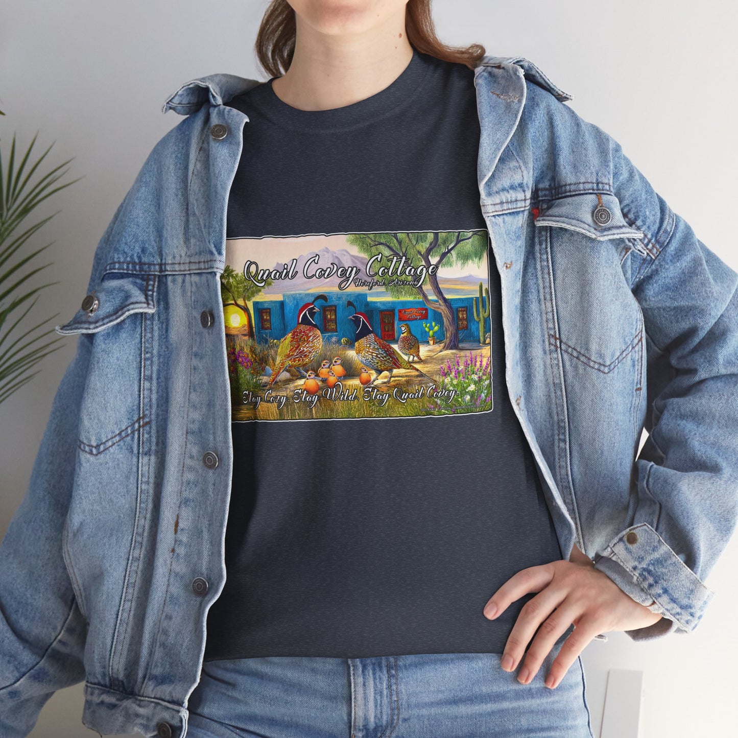 "Quail Covey Cottage" Nature-Inspired Unisex Heavy Cotton Tee, Casual Shirt, Graphic Tee, Eco-Friendly Fashion, Outdoor Adventure Wear