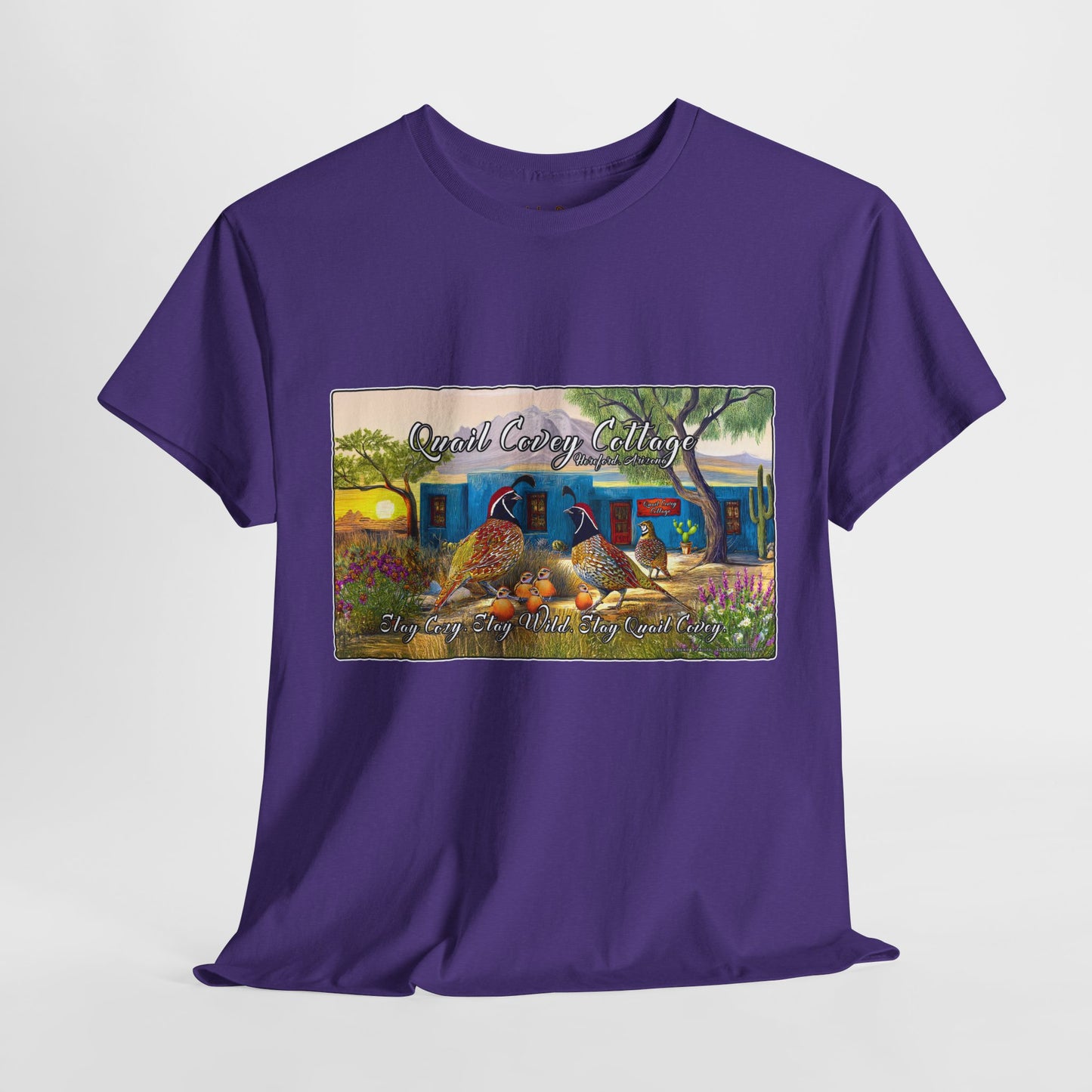 "Quail Covey Cottage" Nature-Inspired Unisex Heavy Cotton Tee, Casual Shirt, Graphic Tee, Eco-Friendly Fashion, Outdoor Adventure Wear