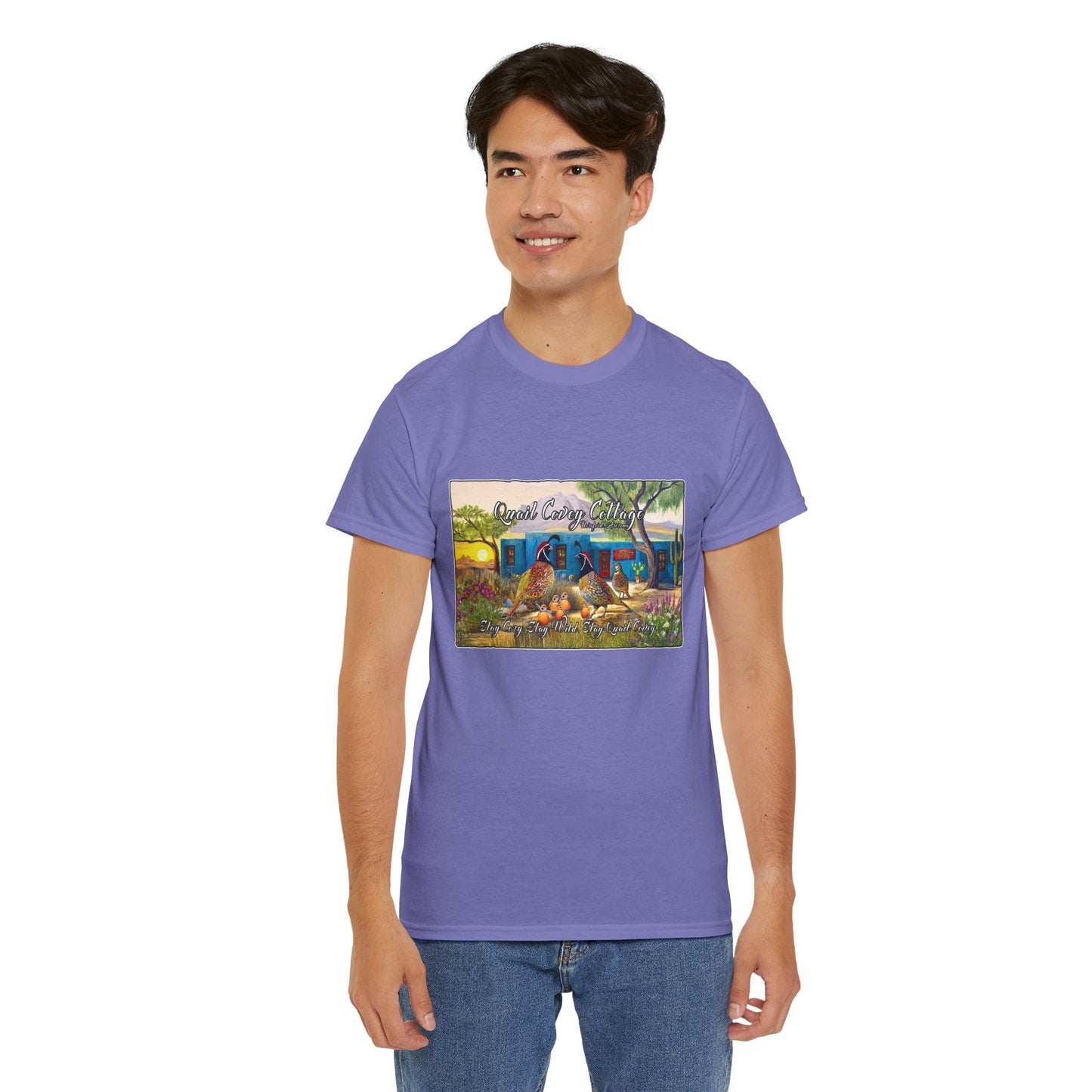 "Quail Covey Cottage" Nature-Inspired Unisex Heavy Cotton Tee, Casual Shirt, Graphic Tee, Eco-Friendly Fashion, Outdoor Adventure Wear