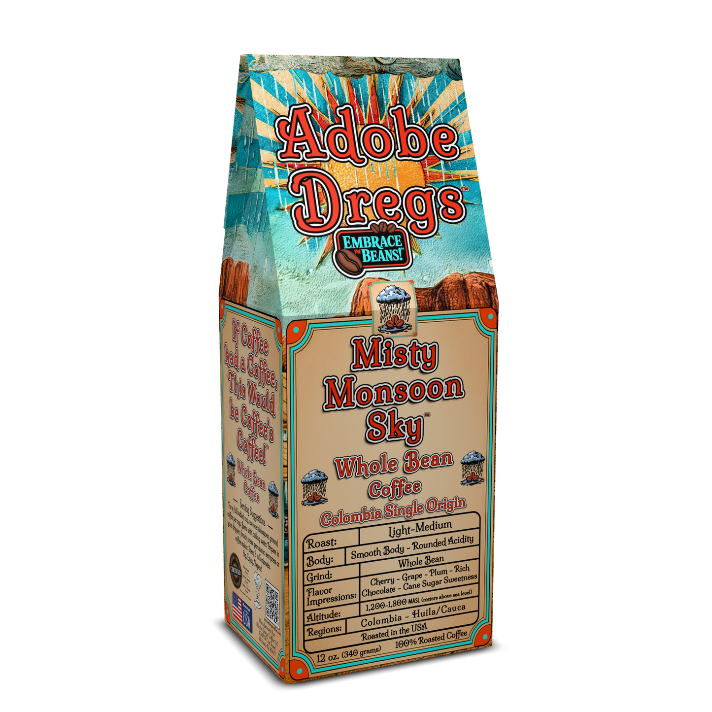 Adobe Dregs Coffee™ Misty Monsoon Sky™ Colombia Single Origin Whole Bean Coffee Blend (Light-Medium)
