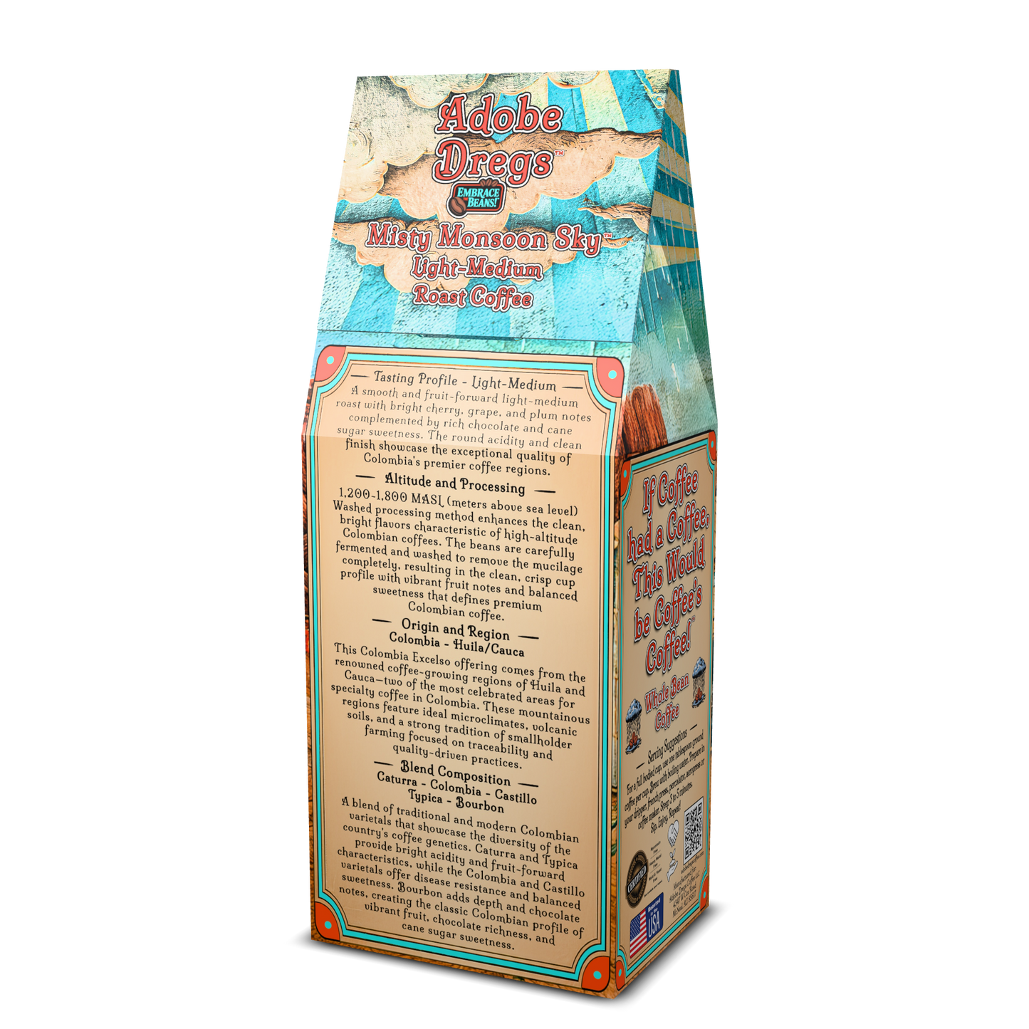 Adobe Dregs Coffee™ Misty Monsoon Sky™ Colombia Single Origin Whole Bean Coffee Blend (Light-Medium)