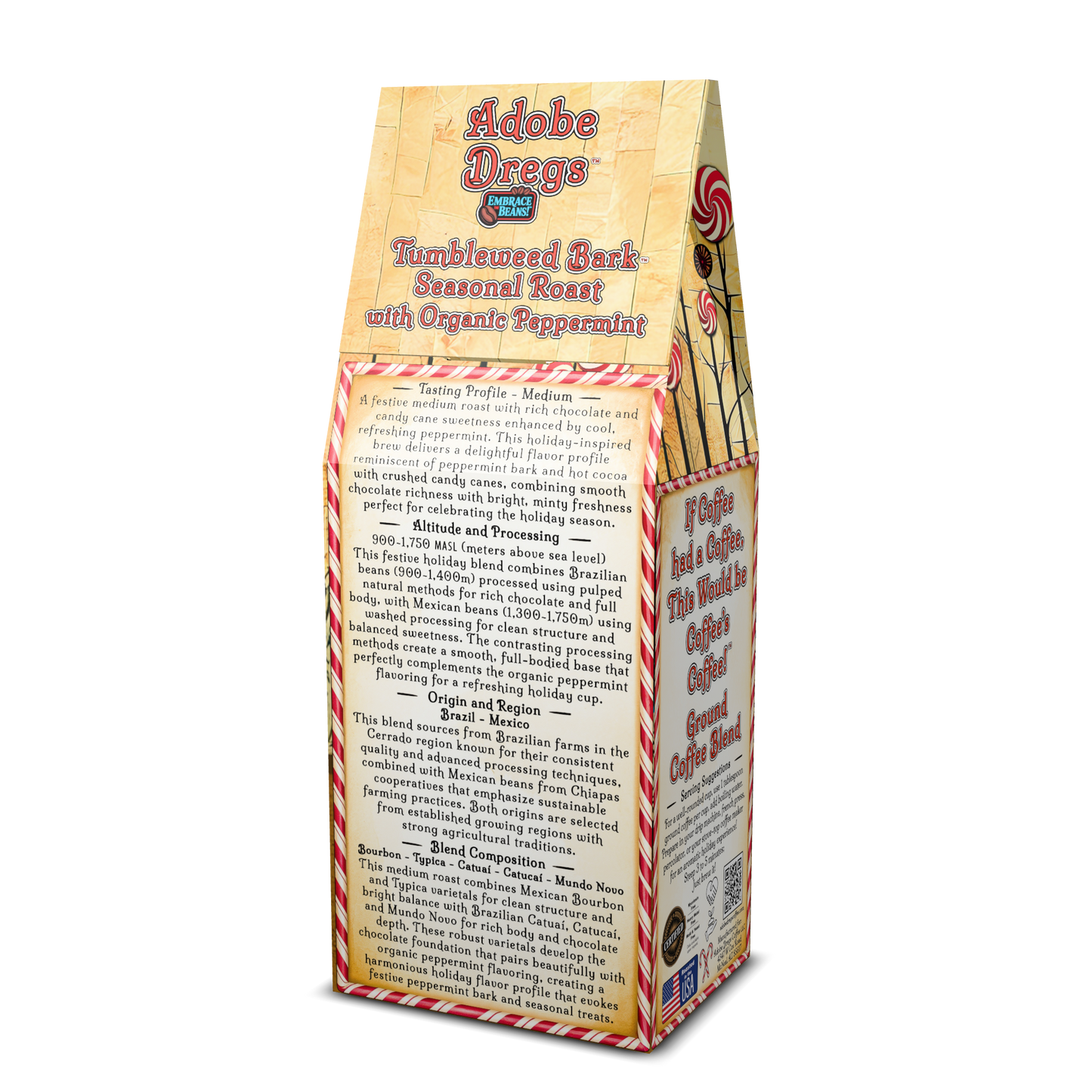 Adobe Dregs™ Tumbleweed Bark™ Holiday Peppermint Roast Ground Coffee Blend with Organic Peppermint