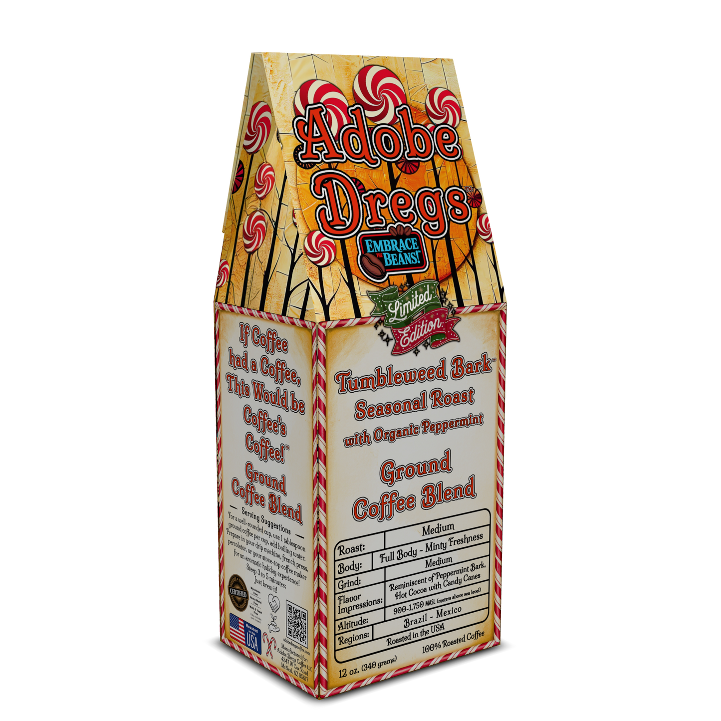 Adobe Dregs™ Tumbleweed Bark™ Holiday Peppermint Roast Ground Coffee Blend with Organic Peppermint