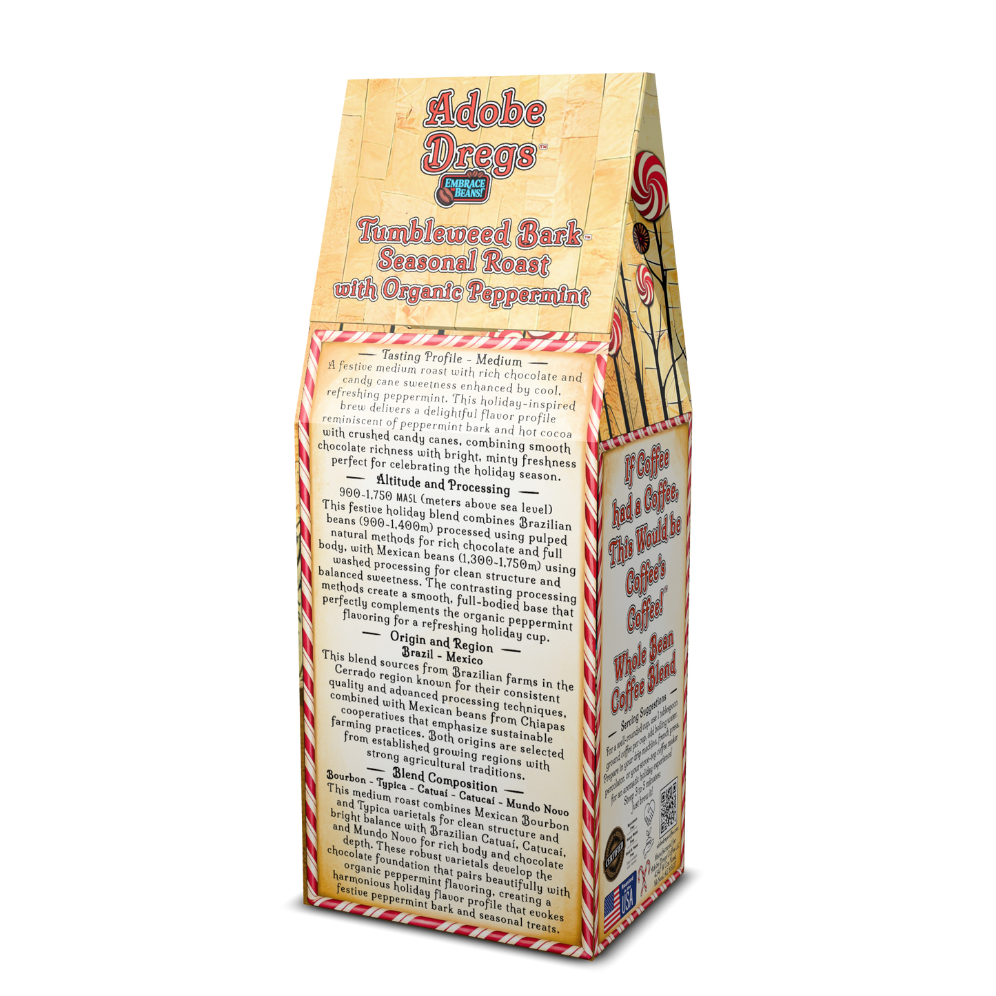 Adobe Dregs™ Tumbleweed Bark™ Holiday Peppermint Roast Whole Bean Coffee Blend with Organic Peppermint