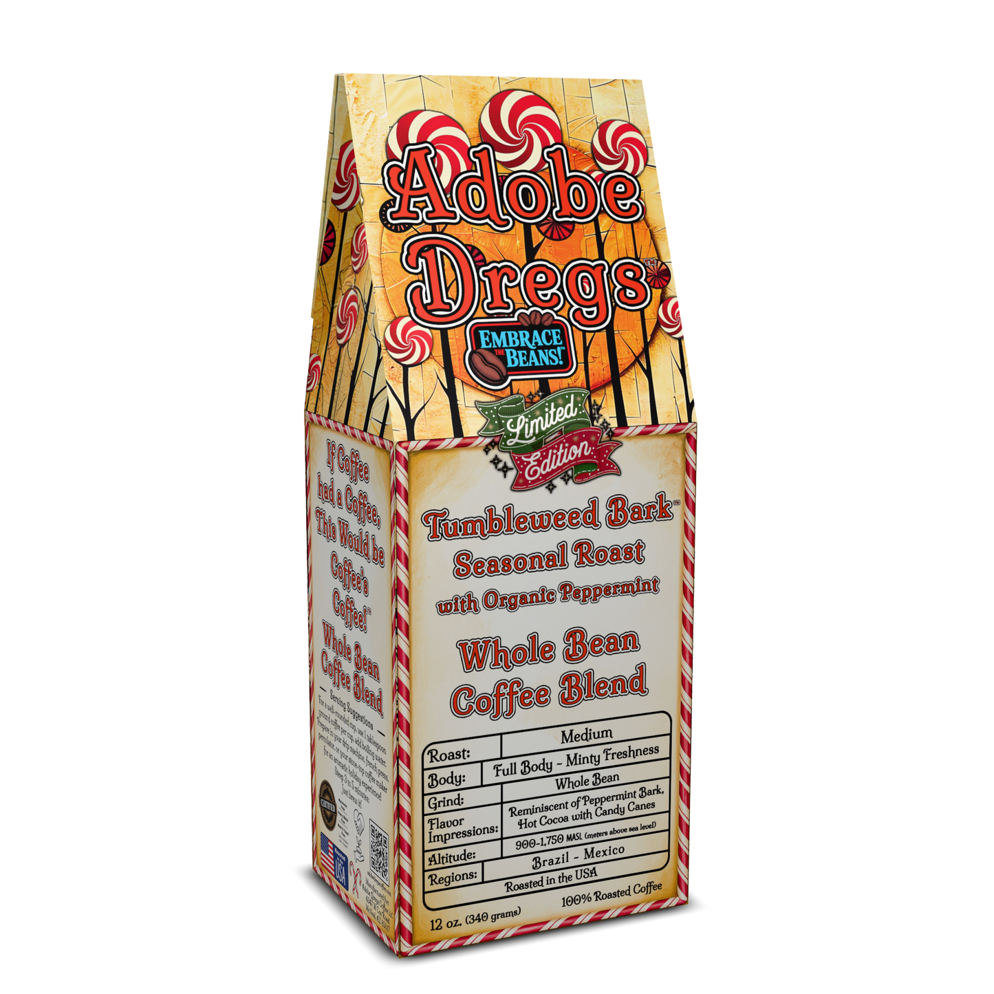 Adobe Dregs™ Tumbleweed Bark™ Holiday Peppermint Roast Whole Bean Coffee Blend with Organic Peppermint
