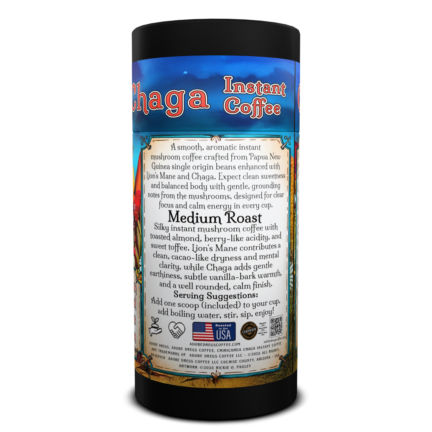 Adobe Dregs Coffee™ Chiricahua Chaga™ Instant Coffee Medium Roast Ground Functional Mushroom Coffee