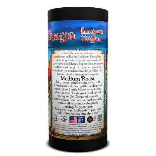 Adobe Dregs Coffee™ Chiricahua Chaga™ Instant Coffee Medium Roast Ground Functional Mushroom Coffee